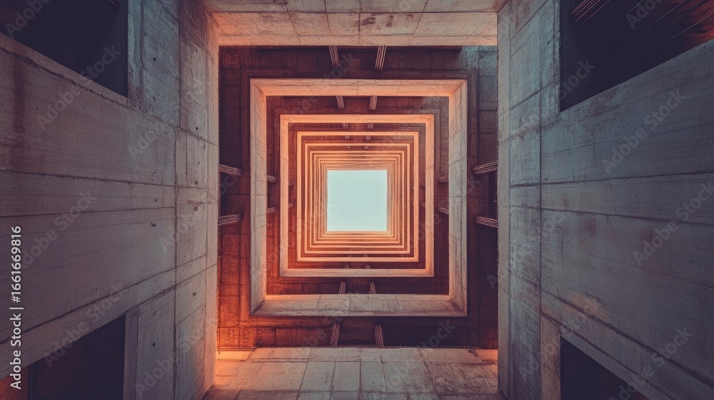 Poster Tilted angle of high-rise structure under construction with symmetrical concrete blocks forming floors and corridors