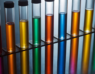 Colorful Chemical Solutions in Test Tubes on Black Background. Laboratory Glassware with Multicolored Liquid Samples. Chemistry Experiment with Test Tubes Filled with Colored Liquids.Science Lab