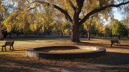 Tranquil autumn park with a grand tree and round bench, golden leaves scattered on the ground, warm atmosphere