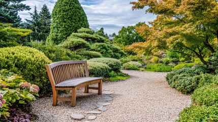 Obraz premium Tree with a circular wooden bench in a Japanese-style garden, peaceful and meditative setting