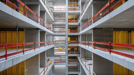 Under-construction residential tower with concrete floor slabs and open lift shaft, modern build in progress