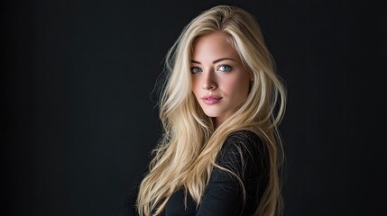 Naklejka premium Beautiful blonde woman with long hair and blue eyes posing in black outfit on dark background