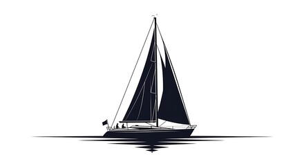 Silhouette of a Sailing Yacht with Reflection on Calm Water.
