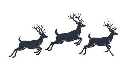 Obraz premium Silhouette of Three Running Deer with Large Antlers on White Background