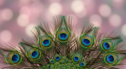 Obraz premium Peacock Feather Display: A stunning array of vibrant peacock feathers, showcasing their intricate patterns and iridescent hues against a soft bokeh backdrop, evokes a sense of wonder and beauty.