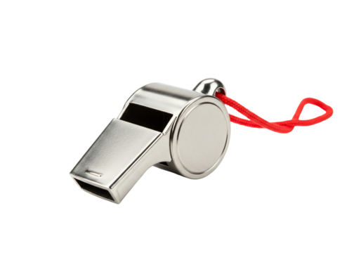 Metallic whistle with red lanyard close up studio shot