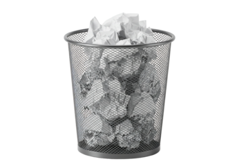 Crumpled paper in wire mesh trash can gray scale transparent background