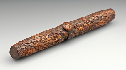 Intricate Carved Wooden Pen Case with Floral Pattern