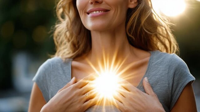 Radiant Inner Self: An image of a woman radiating inner peace, joy, and positivity. Her hands rest gently over her chest, where a burst of light symbolizes the powerful core of the self.