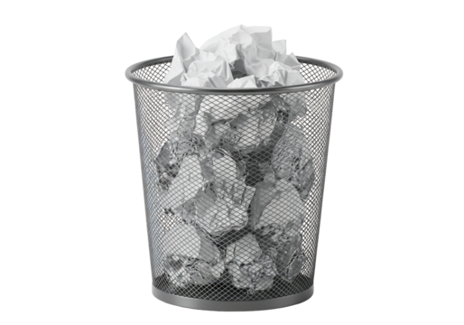 Crumpled paper in wire mesh trash can gray scale transparent background