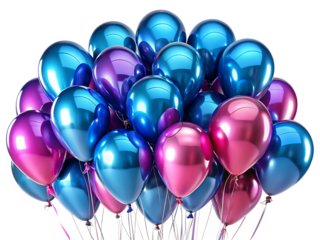 a group of balloons in metallic shades of blue and isolated on white background PNG , AI GENERATED