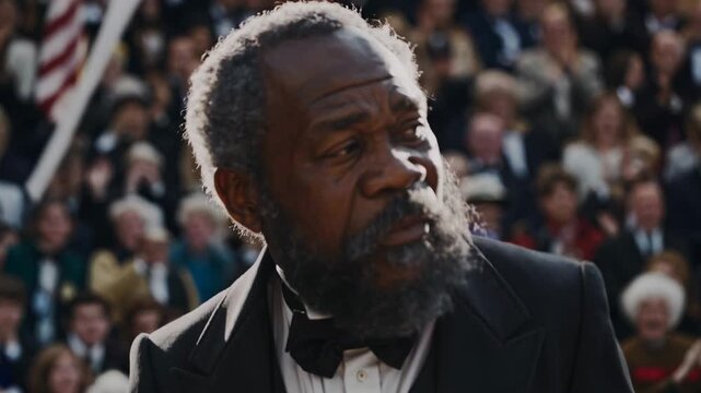 Low-angle video still of a man in formal attire on stage, with sunlight streaming, emphasizing a message of equality and empowerment.