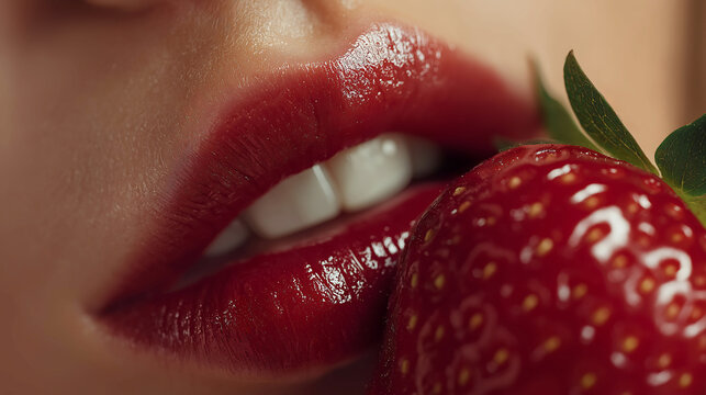 Close up of woman natural glossy red lips gently biting a ripe strawberry
