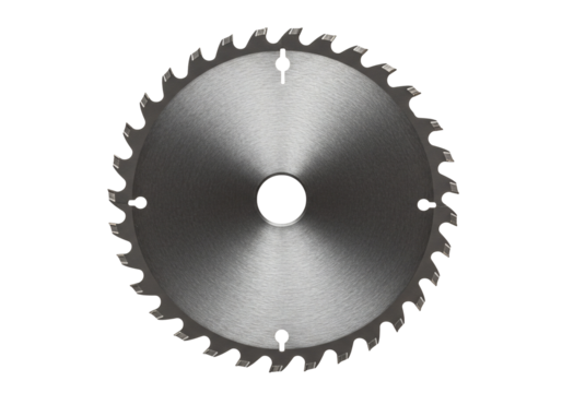 Circular saw blade closeup of sharp metal cutting tool on transparent background