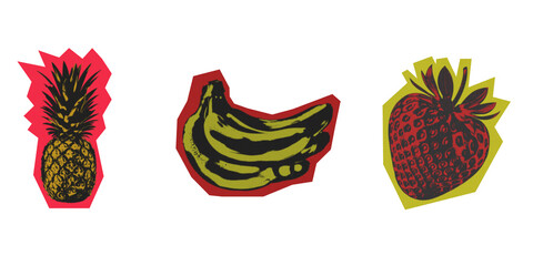 Pop art style tropical fruits illustration with pineapple banana and strawberry PNG © Galaxy601