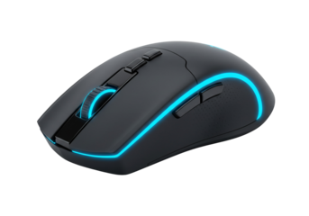 Sleek ergonomic computer mouse with blue led lighting isolated on transparent background
