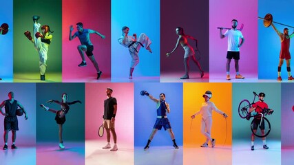 Animated poster, banner with professional sportsmen in sports uniform over multicolored background in neon filter. Concept of motion, action, competition, achievements. Summer sports. Winner emotions - Powered by Adobe