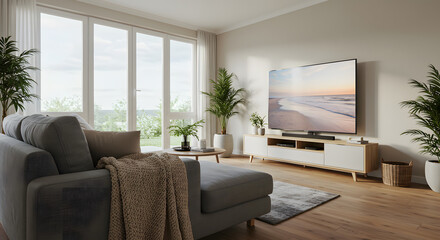 Fototapeta premium Serene Living Room: A modern and inviting living room, flooded with natural light, offers a harmonious blend of comfort and elegance. The space is tastefully furnished.
