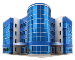 Modern office building with blue glass facade, contemporary architecture, and multiple floors, suitable for business district or corporate headquarters, reflecting urban professionalism