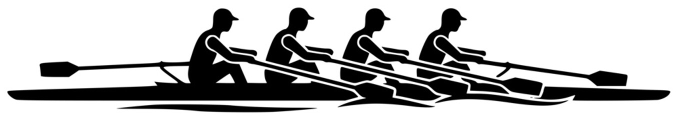 rowing boat on calm lake with rowing crew in action and athletes in motion racing