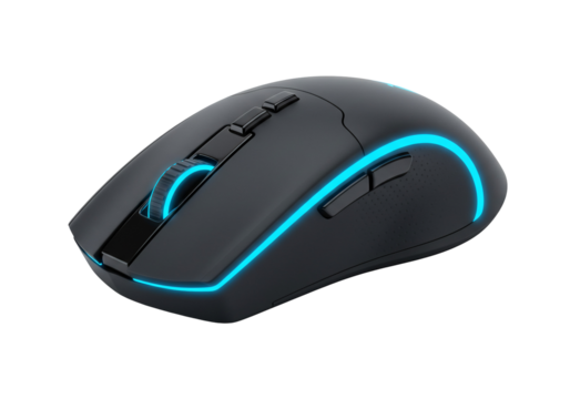 Sleek ergonomic computer mouse with blue led lighting isolated on transparent background
