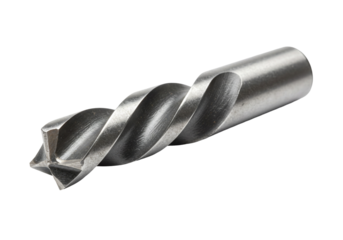 Metal drill bit close up studio shot silver grey spiral groove industrial tool manufacturing equipment hardware engineering technology