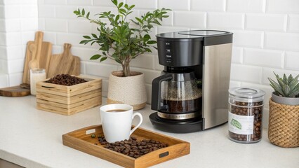 charming and organized coffee station on a kitchen counter. Features a modern coffee maker, a container of coffee beans, a white mug, and a small plant. This "micro" scene is perfect for blogs, websit