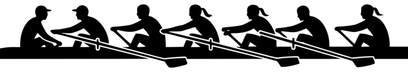 rowing boat on calm lake with rowing crew in action and athletes in motion racing