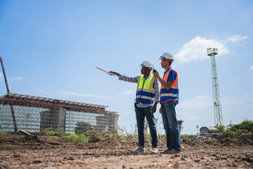 Engineers Discussing Blueprints at Construction Site, Construction Workers Planning on Site, Two Construction Professionals Reviewing Plans Outdoors