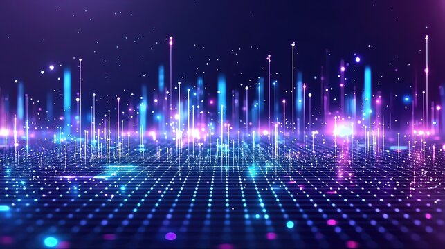 Purple-Blue Neon Data Columns: Metaverse Event Stage Background