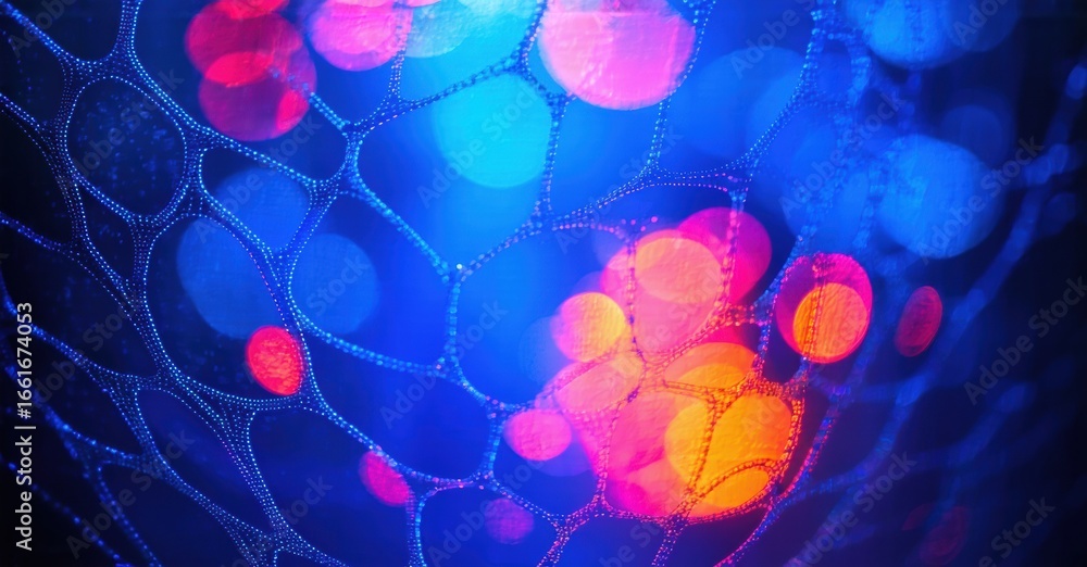 Poster bright abstract network. vivid colors create glowing bokeh effect. blue dominates with pink, orange 
