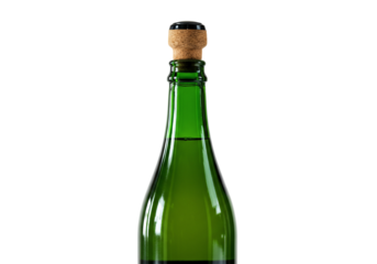 Green glass bottle with cork stopper close up view