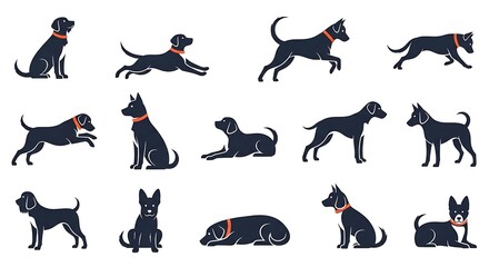 Fototapeta premium Stylized Dog Silhouettes in Various Poses with Orange Collars on White Background