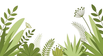 Stylized Green Foliage and Floral Elements on White Background, Decorative Illustration.