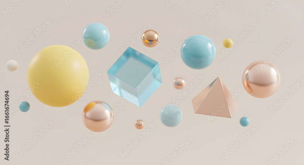 Aufkleber geometric harmony: an array of diverse geometric shapes, from lustrous spheres to precisely rendered