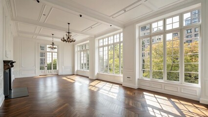 Obraz premium Empty, bright room with clean white walls and hardwood floors. Large windows allow ample light to pour in. This shot is perfectly composed for 