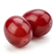 Obraz premium Two plump, glossy red grape berries, their smooth, translucent skin and deep red-purple hue in sharp macro focus with full depth of field copy