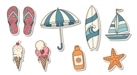 Summer Fun: Beach-Themed Stickers Featuring Ice Cream, Surfboard, and Flip-Flops