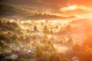 Morning mountain landscape, autumn seasonal background, amazing sunrise
