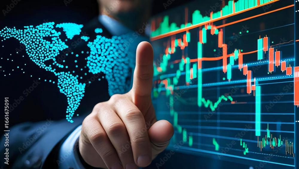 Fototapete this image depicts a businessman in a suit pointing at a glowing digital display. the display shows 