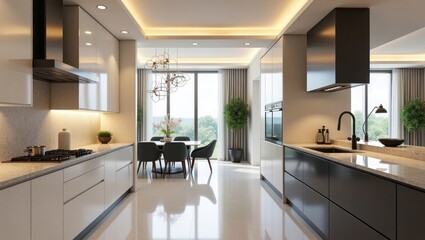 Fototapeta premium Modern kitchen with a large window view.