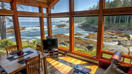 Relax in a coastal retreat featuring breathtaking ocean views and inviting wooden surroundings, perfect for unwinding or family gatherings