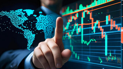 This image depicts a businessman in a suit pointing at a glowing digital display. The display shows a global map composed of small blue dots on the left and a complex stock market chart with fluctuati