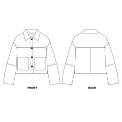 Illustration of a bomber jacket with a collar and pockets, front and back views. Template for a basic windbreaker jacket, vector