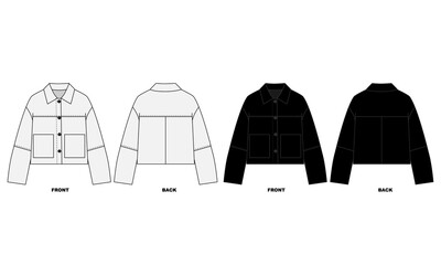 A set of illustrations of a bomber jacket with a collar and pockets, front and back views. A template for a basic windbreaker jacket in white and black.