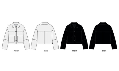 A set of illustrations of a bomber jacket with a collar and pockets, front and back views. A template for a basic windbreaker jacket in white and black, vector