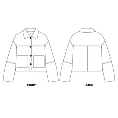 Illustration of a bomber jacket with a collar and pockets, front and back views. Template for a basic windbreaker jacket.