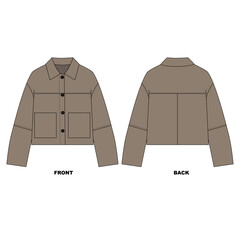 Illustration of a jacket with a collar and pockets, front and back views. Template for a basic brown windbreaker jacket.