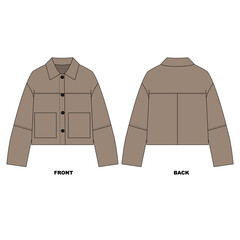 Illustration of a jacket with a collar and pockets, front and back views. Template for a basic brown windbreaker jacket.