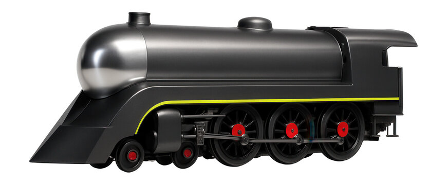 Streamlined steam locomotive with prominent front cowcatcher and rounded boiler